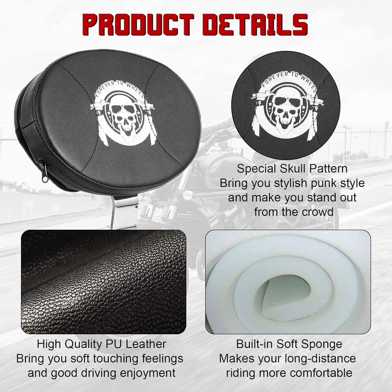 INNOGLOW Motorcycle Adjustable Driver Backrest Plug-In Rider Backrest with Skull Pattern for Harley Touring Electra Glide Road Glide Street Glide Road King - Image 4